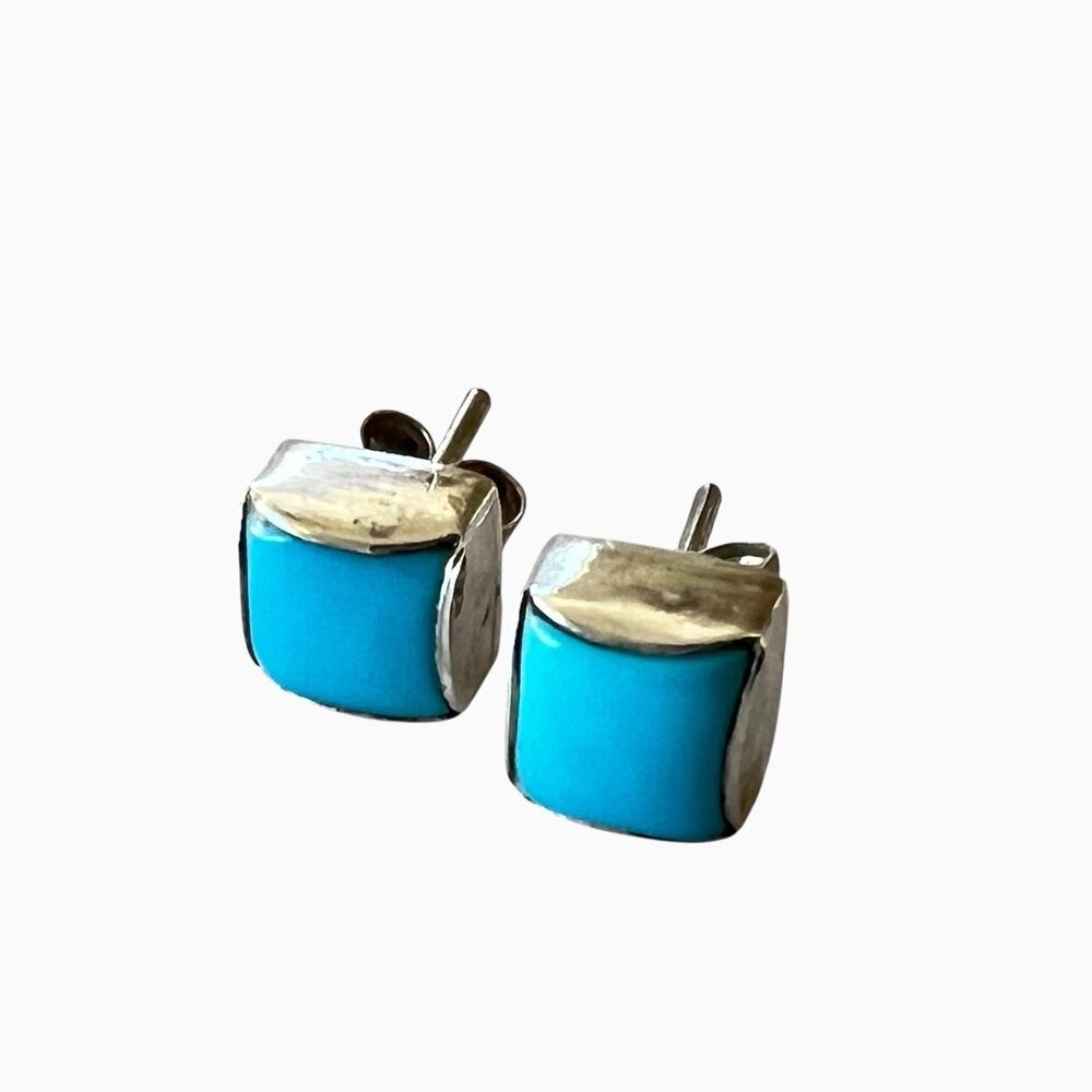 Stephen Estelle Stud Earrings Sterling Silver Nepal 925 Sky Blue Stone Square